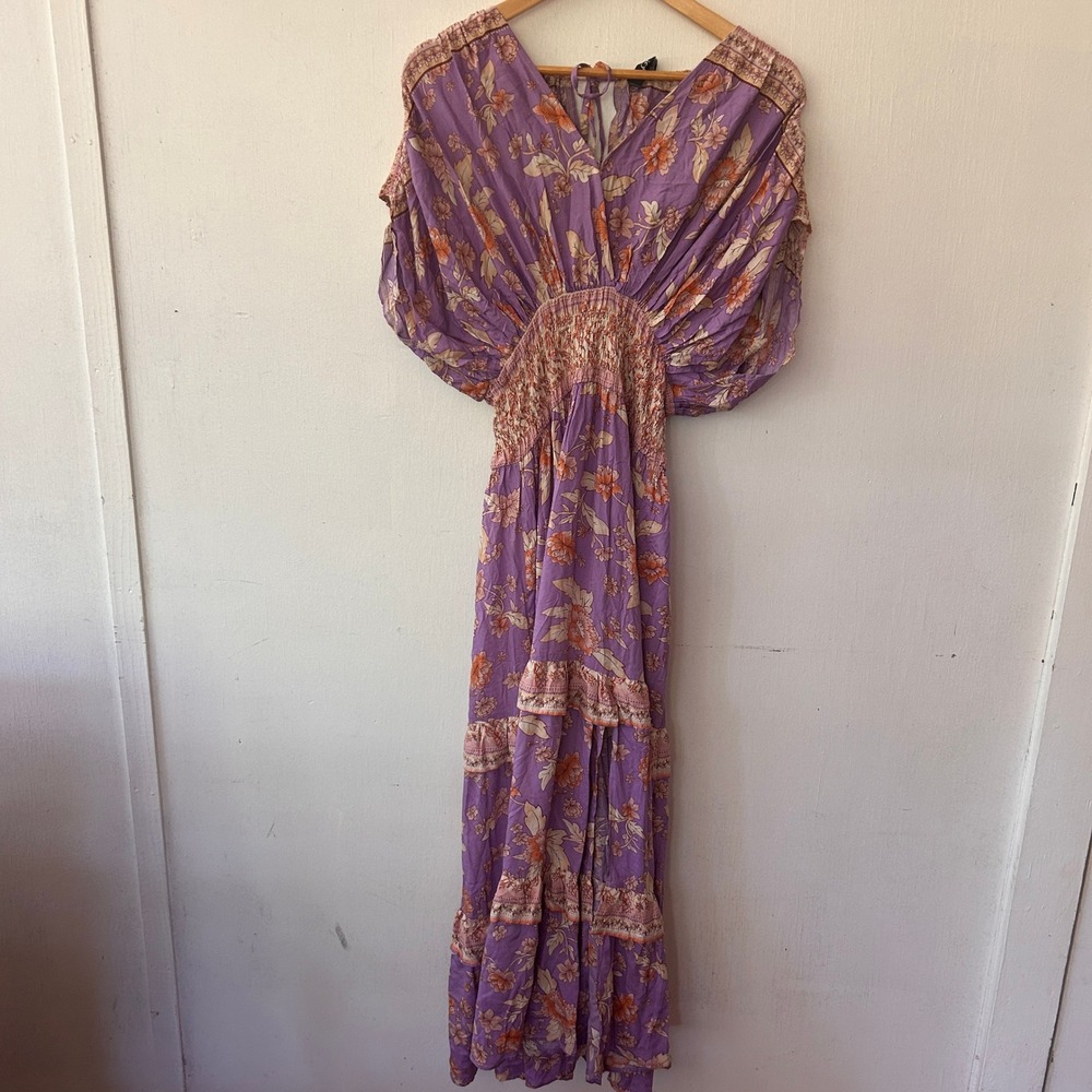 GiGiO Maxi Dress Womens S Purple Floral Smocked Tiered Boho Cottagecore Garden - Picture 2 of 7